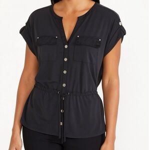 White House Black Market Black Snap Button-Up Blouse w Drawstring Waist Small